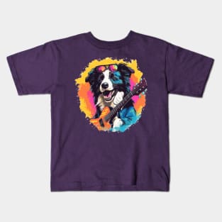 Strumming Collies: Border Collie Rockstar with a Guitar Kids T-Shirt